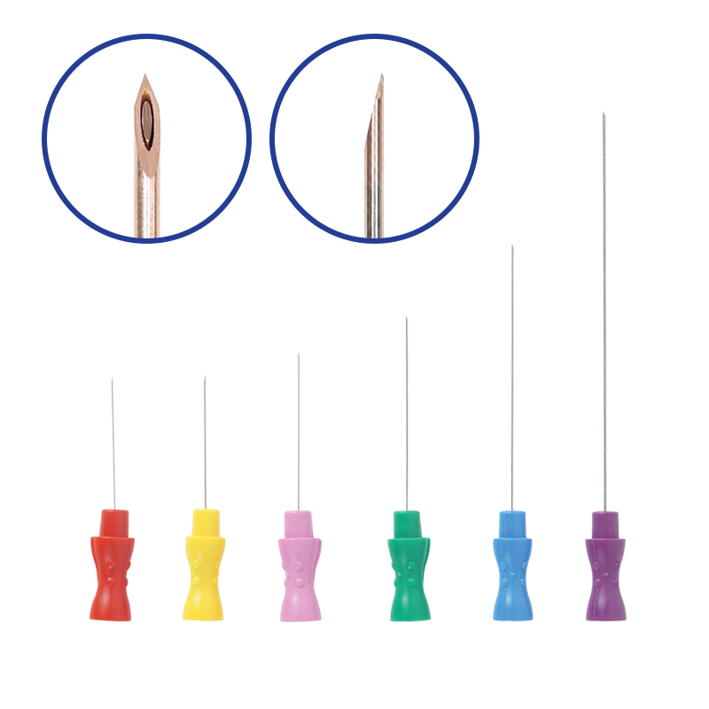 Six color-coded concentric needle electrodes in different needle lengths. Magnified insets show the sharp tip geometry and the tungsten core.